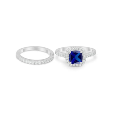 Two Piece Cushion Art Deco Wedding Ring Simulated Blue Sapphire CZ 925 Sterling Silver